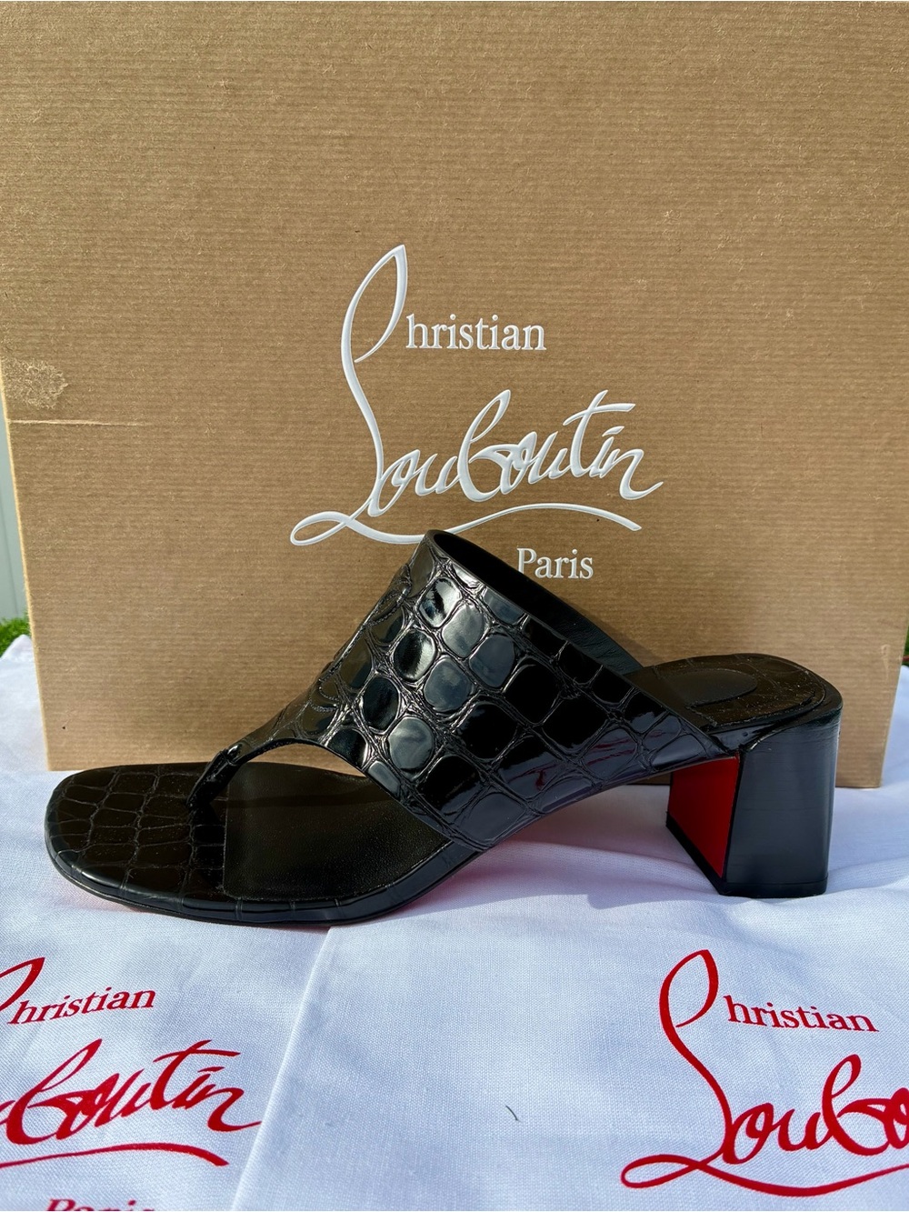 CHRISTIAN LOUBOUTIN CL TONGAMULE SANDALS LOGO BLACK CROC LEATHER SZ 38.5 NEW - Picture 3 of 16